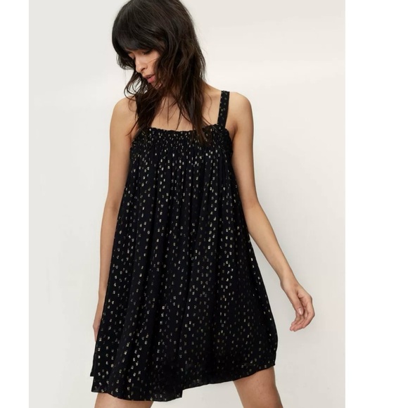 NWT | Nasty Gal | Black & Gold Spot Strappy Smock Mini Dress | Size XS - Picture 4 of 10